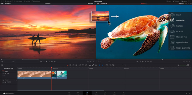 Línea de tiempo de DaVinci Resolve mostrando edición de video de sermón y colocación de marcadores de capítulo para el archivo