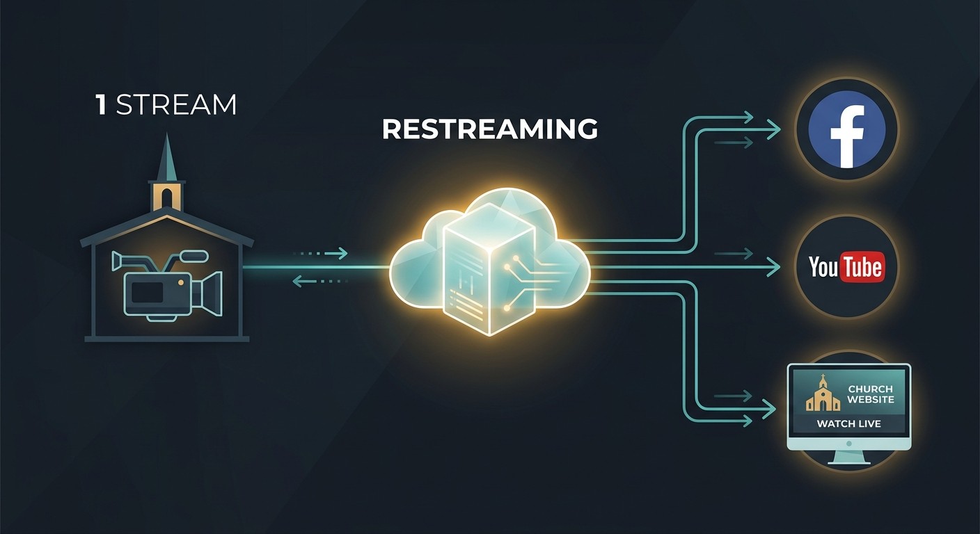Diagram: one stream leaves the church to a cloud restreaming service, which sends it on to Facebook, YouTube, and the church website
