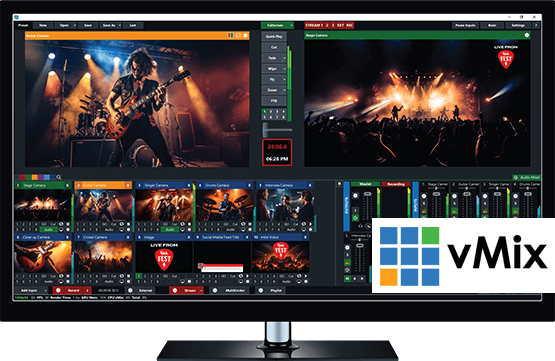 Interfaz de producción del software vMix mostrando el switcher de video, las gráficas, y los controles de streaming para iglesia