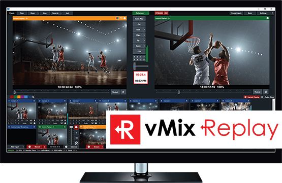Interfaz de vMix Replay mostrando los controles de replay instantáneo para producción de eventos y adoración de iglesia