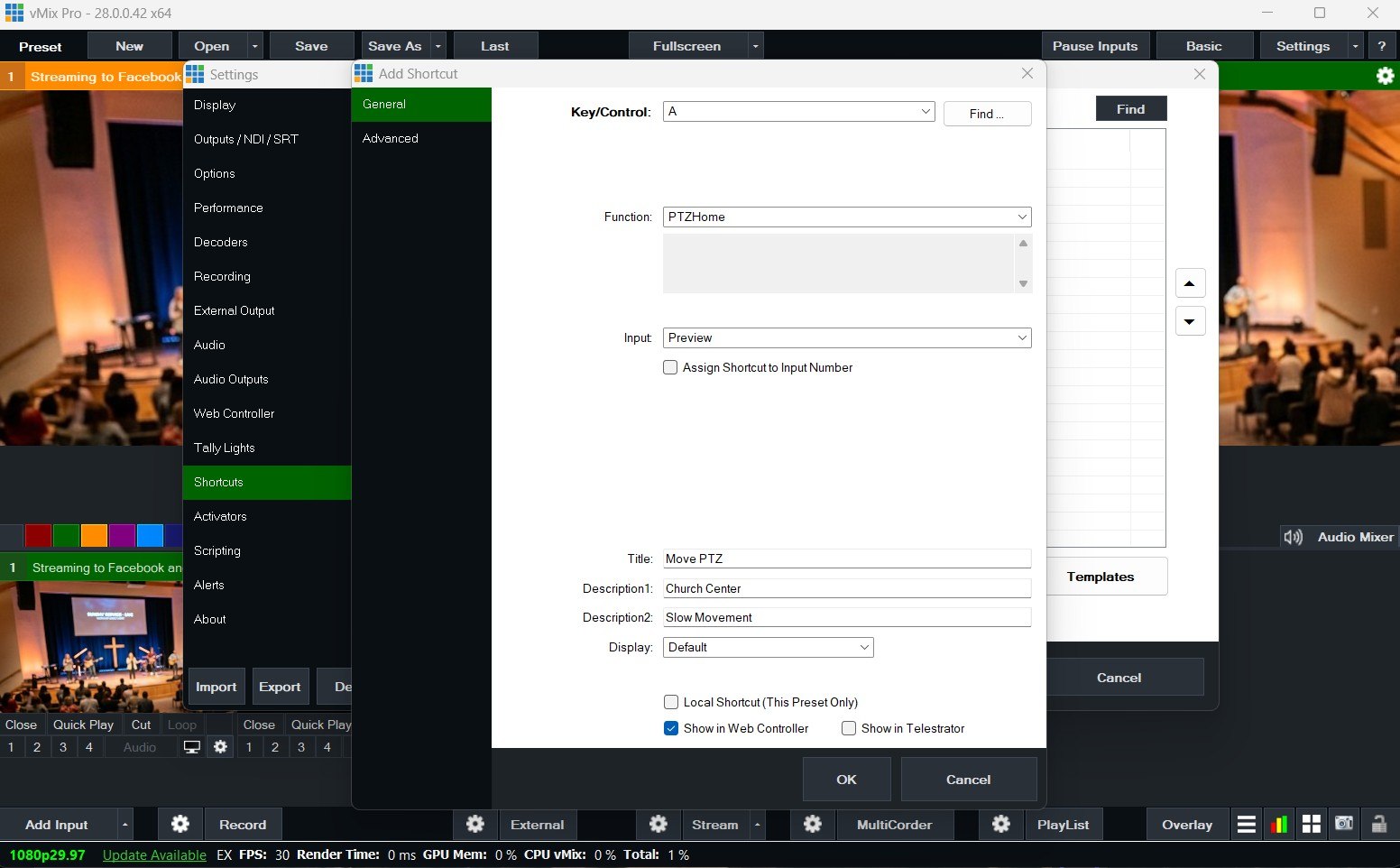 vMix Add Shortcut window: Key/Control A, Function PTZHome, Input Preview, Title Move PTZ, Description1 Church Center, Description2 Slow Movement, with Show in Web Controller checked