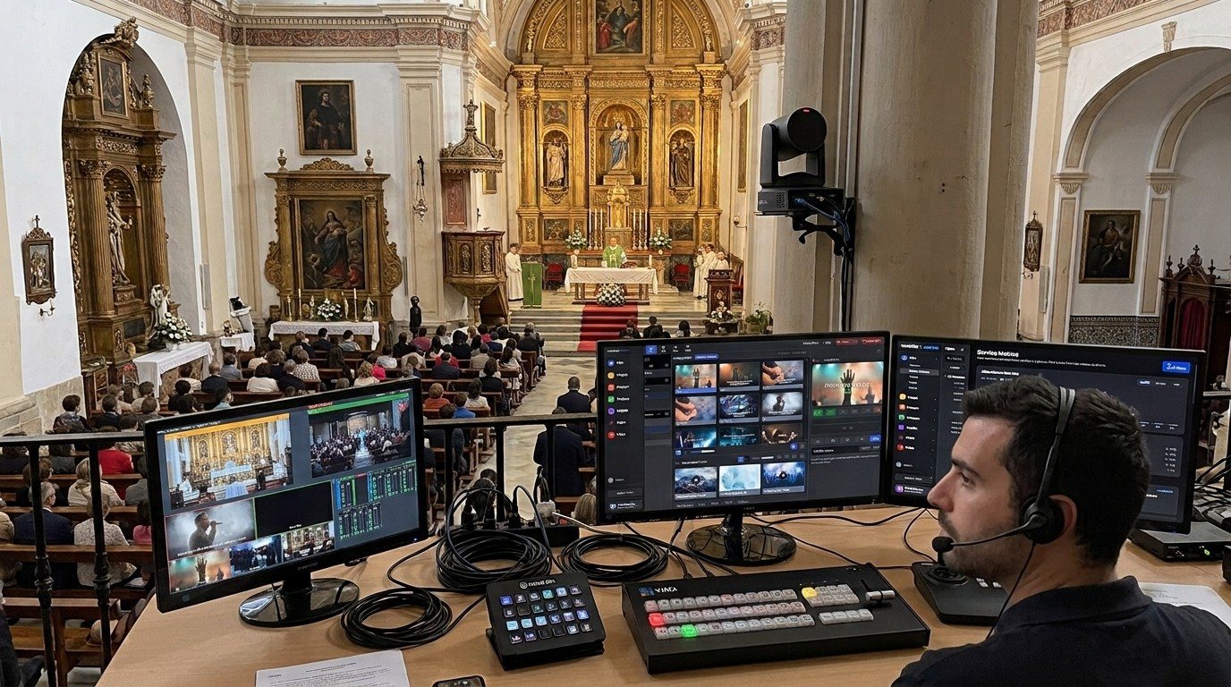 A vMix operator in a church balcony booth with a hardware control panel, a Stream Deck and multiview monitors