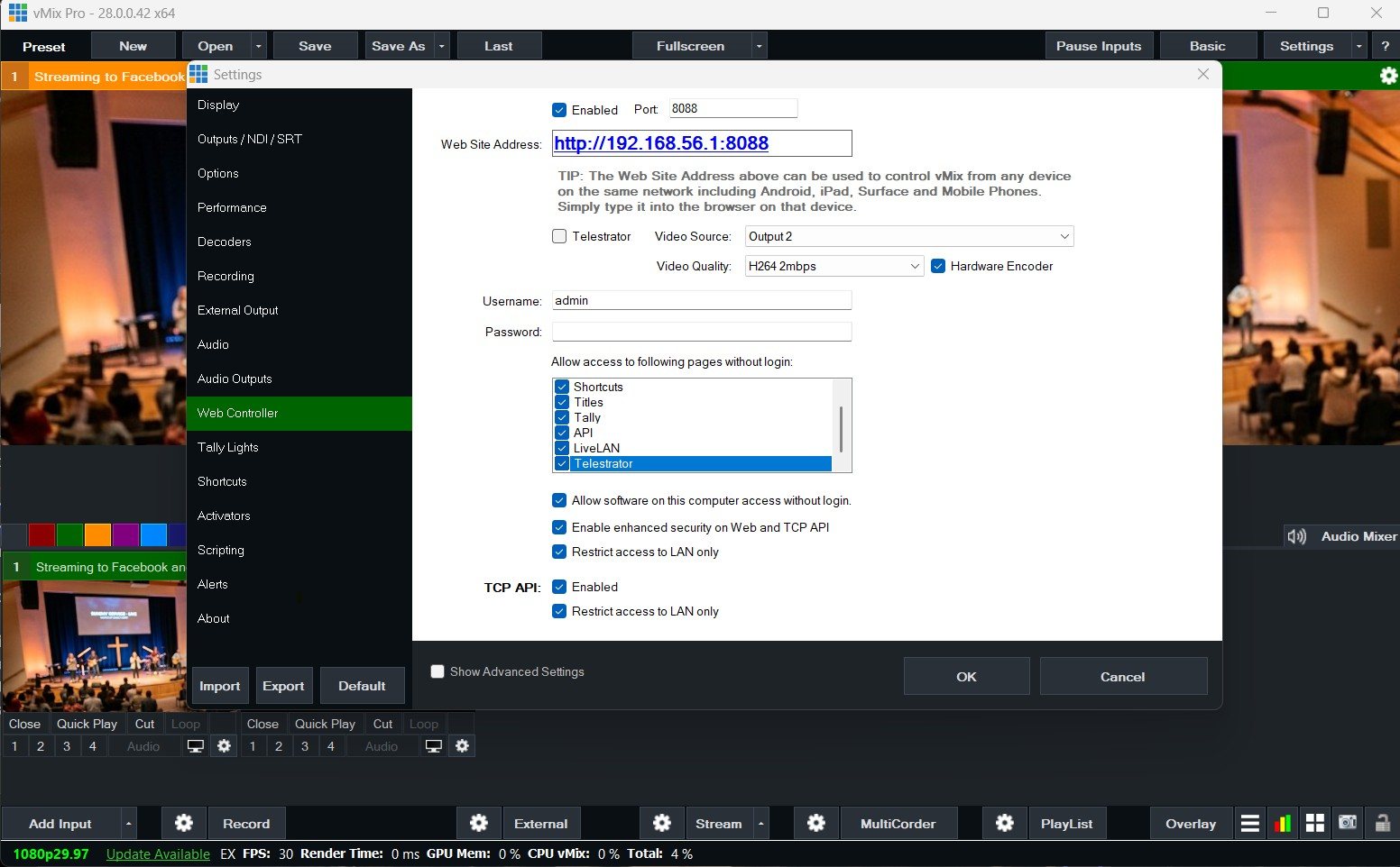 vMix Settings, Web Controller tab: Enabled with port 8088, the web site address, username and password fields, pages allowed without login, Restrict access to LAN only, and the TCP API settings
